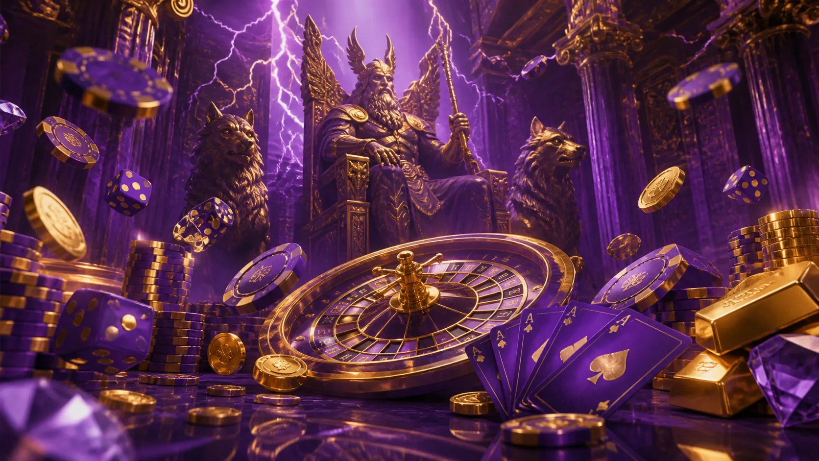Cinematic image featuring Thor-themed casino elements with luxurious metallic finishes and vibrant colors.